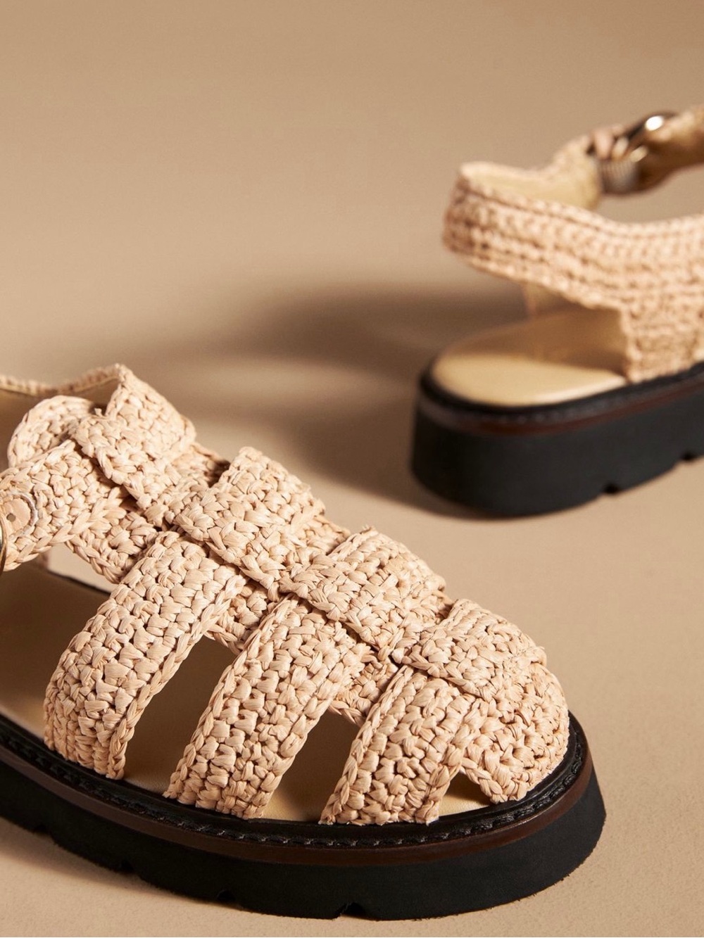Anthropologie Braided Fisherman Sandals in Beige with Black Sole